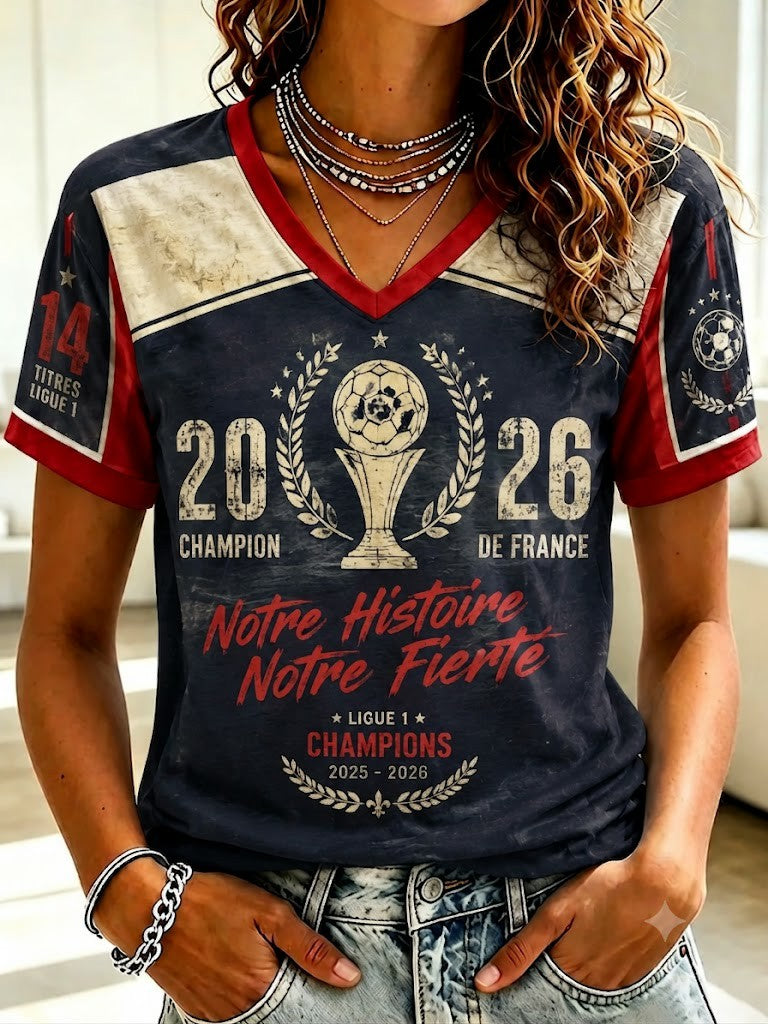 T-shirt femme La Gloire en bleu rouge, imprimé football, col en V