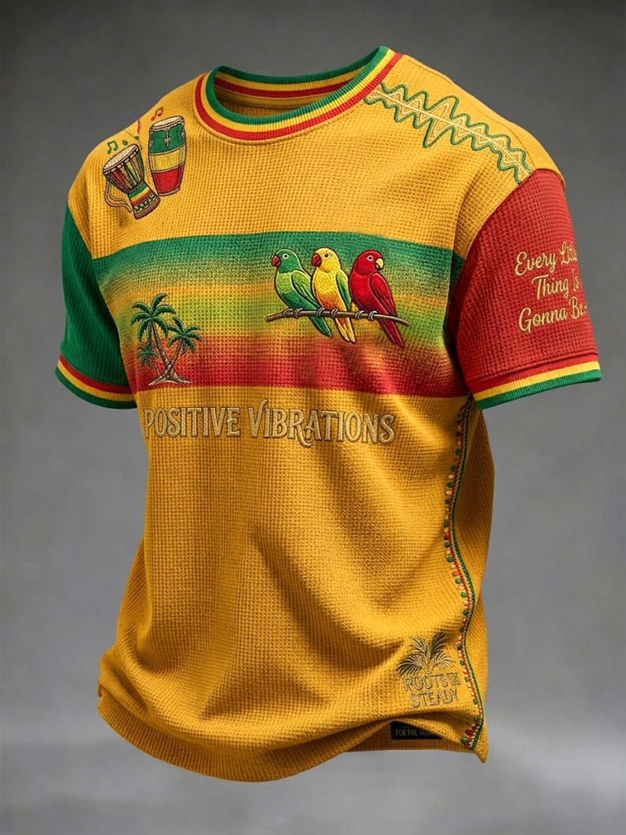 Rétro Reggae Gradient Patchwork Casual Waffle-Weave T-shirt