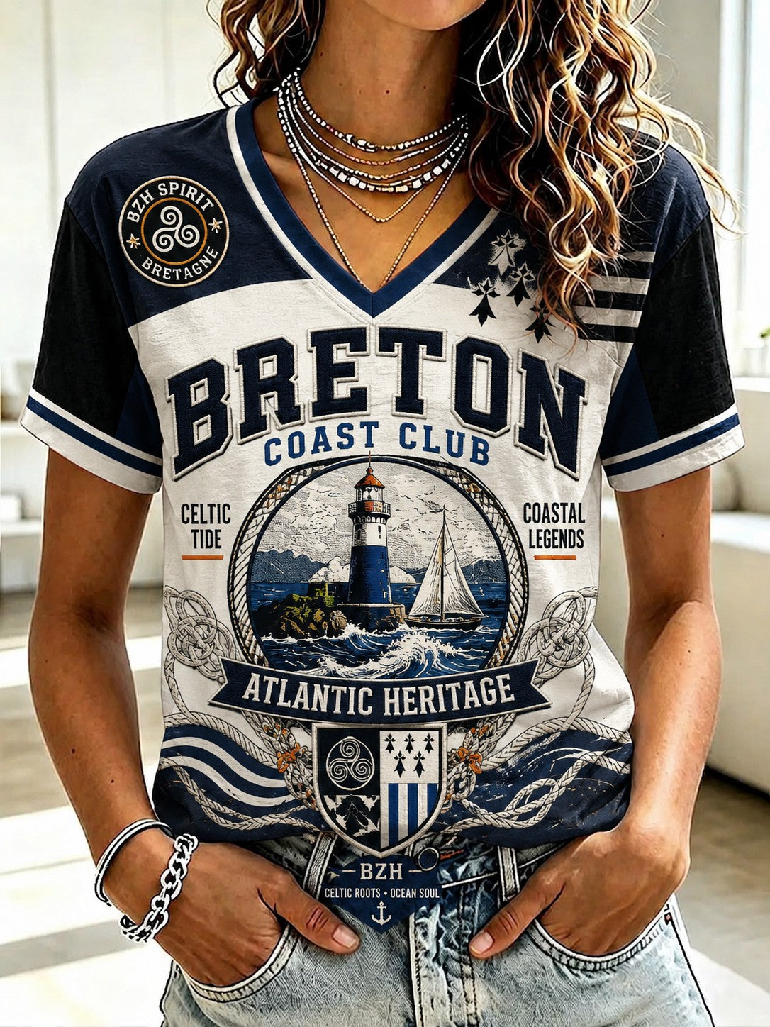 T-shirt à col en V imprimé celtique de Bretagne pour femmes