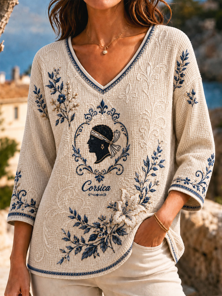 Haut rétro corsaire floral artistique décontracté en tissu gauffré pour femme