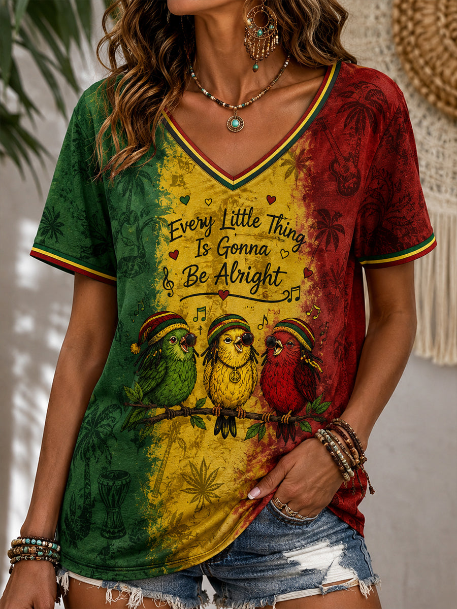 Fun Reggae-Style Colorful T-shirt à col en V décontracté pour femmes