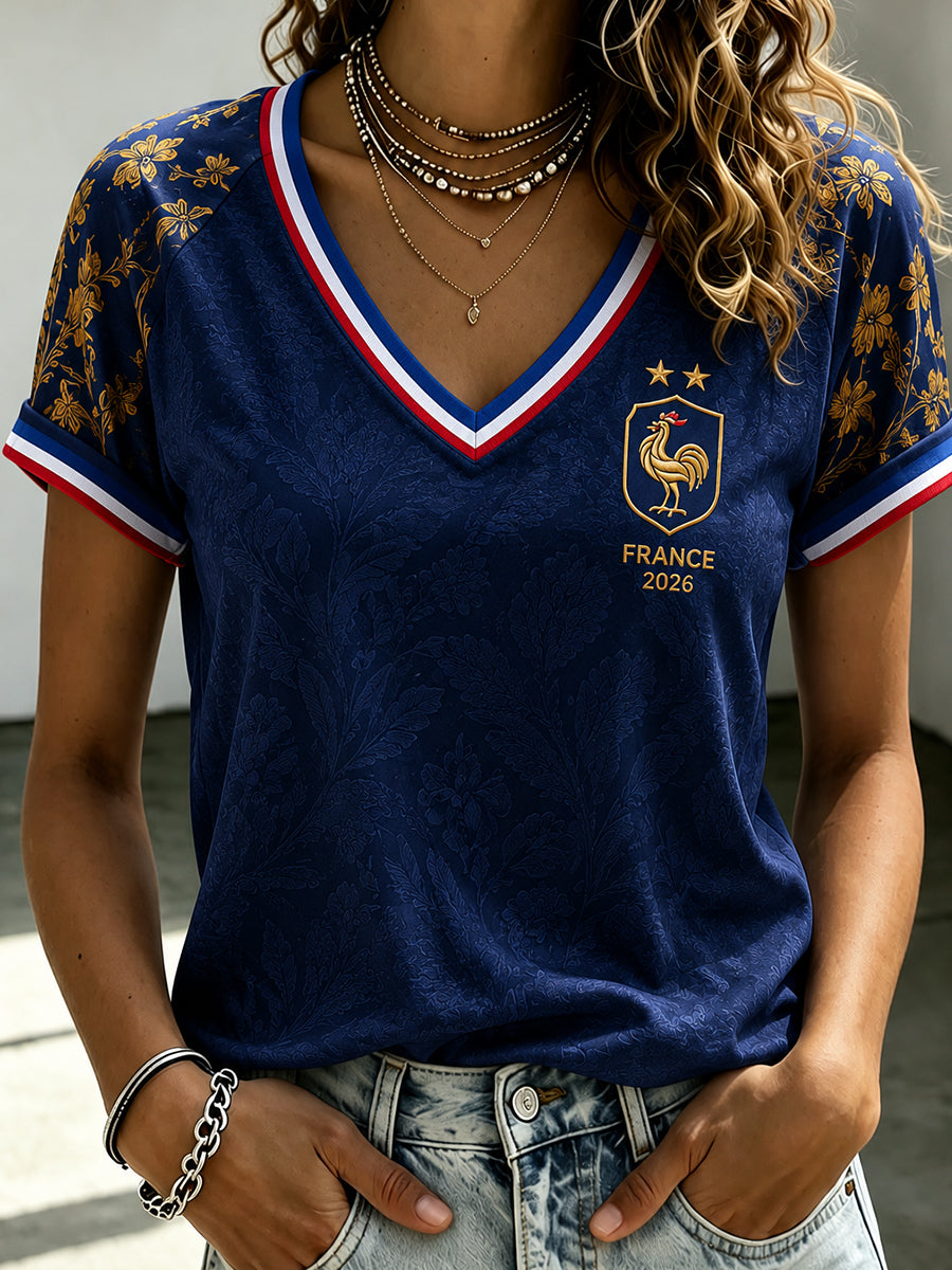 T-shirt femme France Football à col en V et épaules dénudées, manches courtes