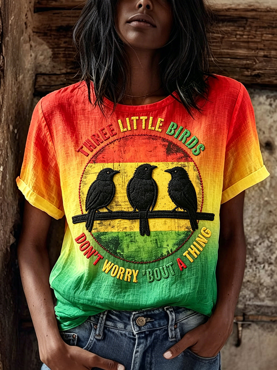 Reggae Birds Print Rasta T-shirt Femme à manches courtes en lin dégradé de couleur