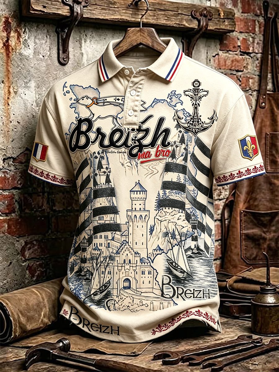 Polo décontracté pour homme, style vintage français de Bretagne, motif du Mont-Saint-Michel