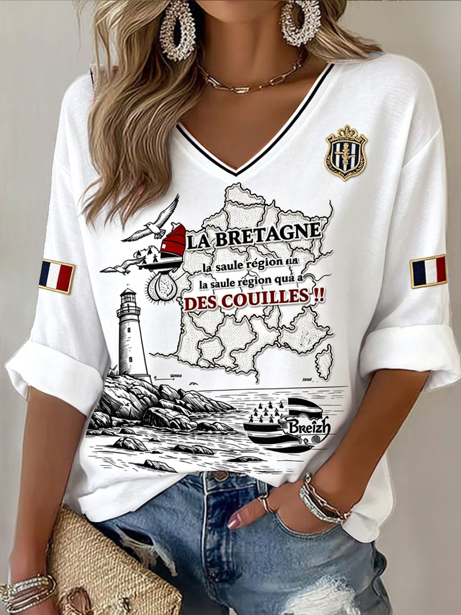 T-shirt blanc à col en V, décontracté, imprimé, de style breton pour femme