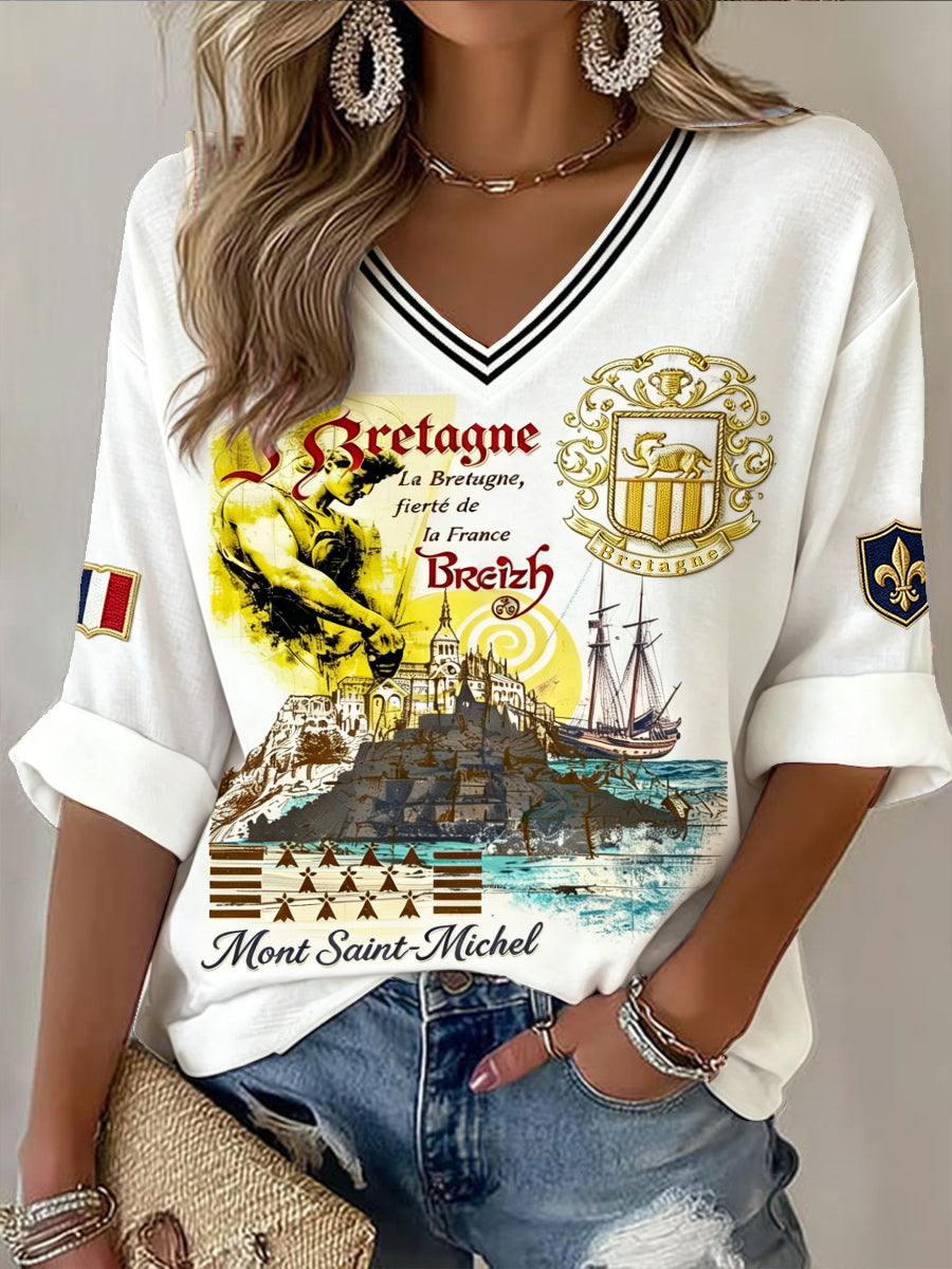 T-shirt décontracté à col en V pour femme, style vintage, blanc cassé, imprimé de la Bretagne française et du Mont-Saint-Michel