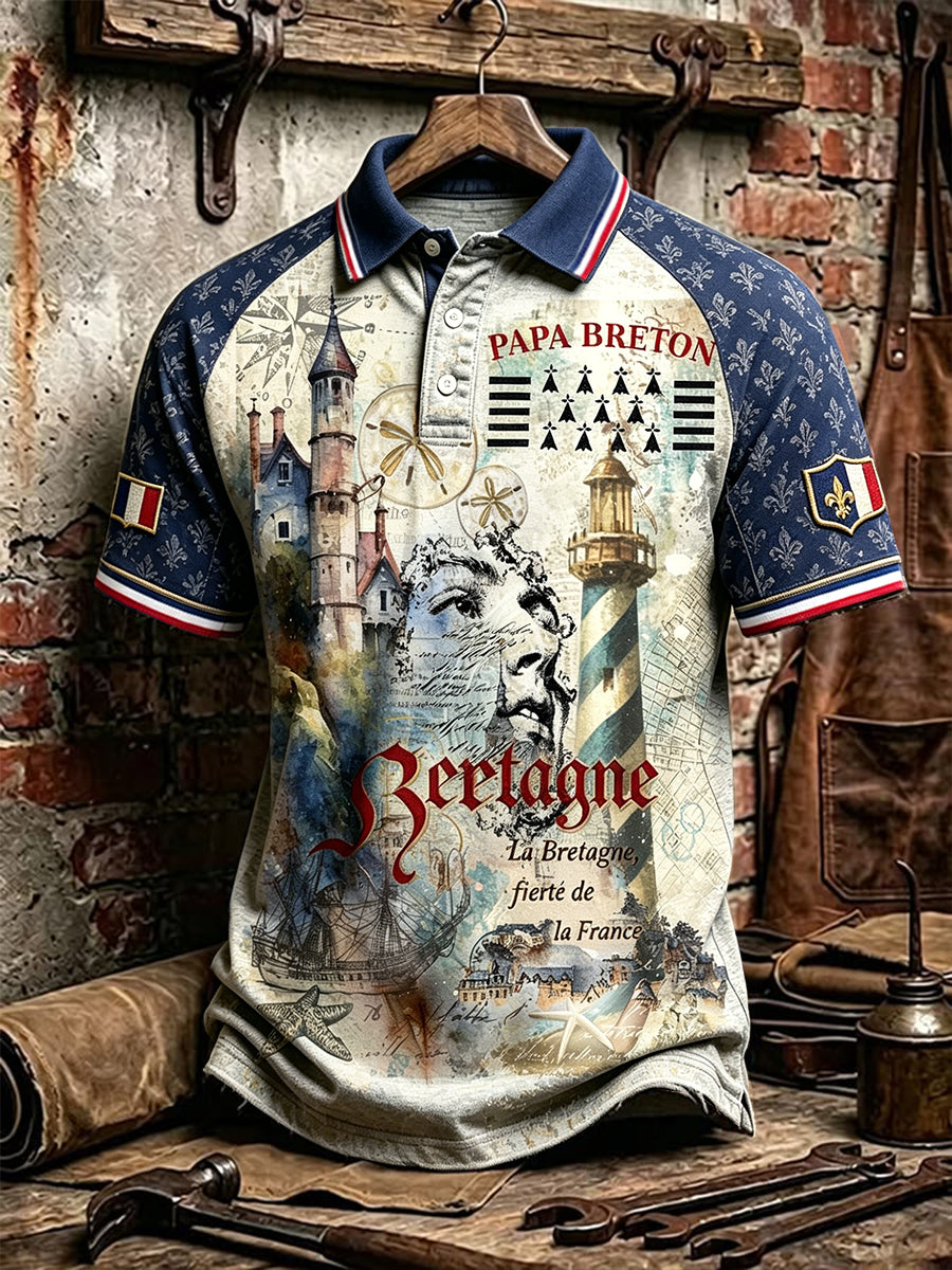 Polo décontracté à épaules tombantes pour homme, imprimé Michael Angel, style breton français
