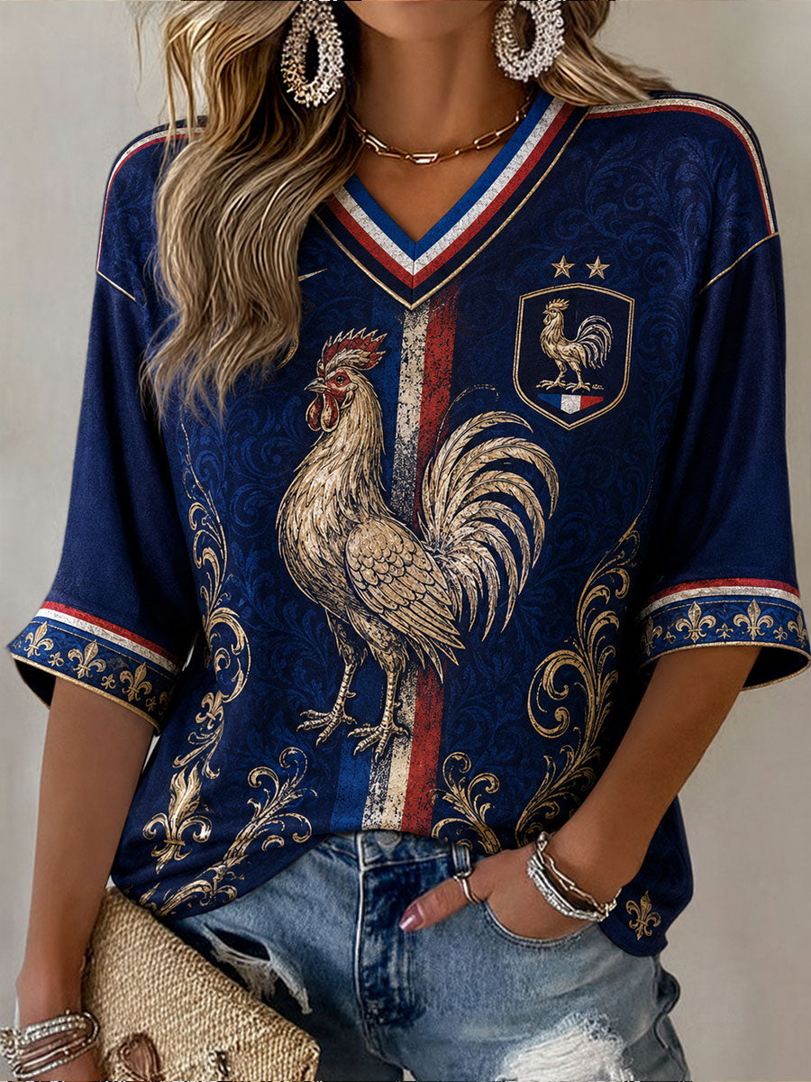 T-shirt à manches mi-longues et col en V pour femmes, France Football
