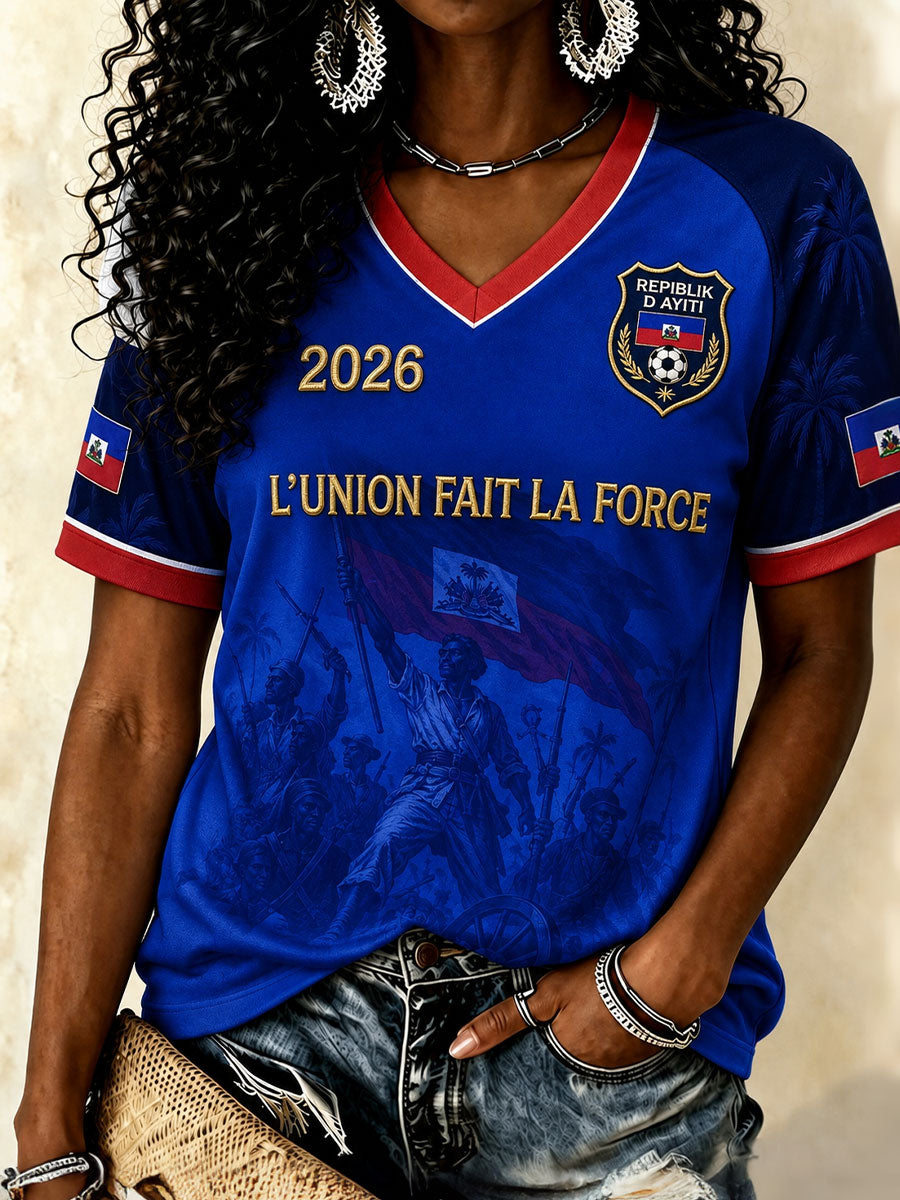 T-shirts à col en V de football pour femmes, Haïti