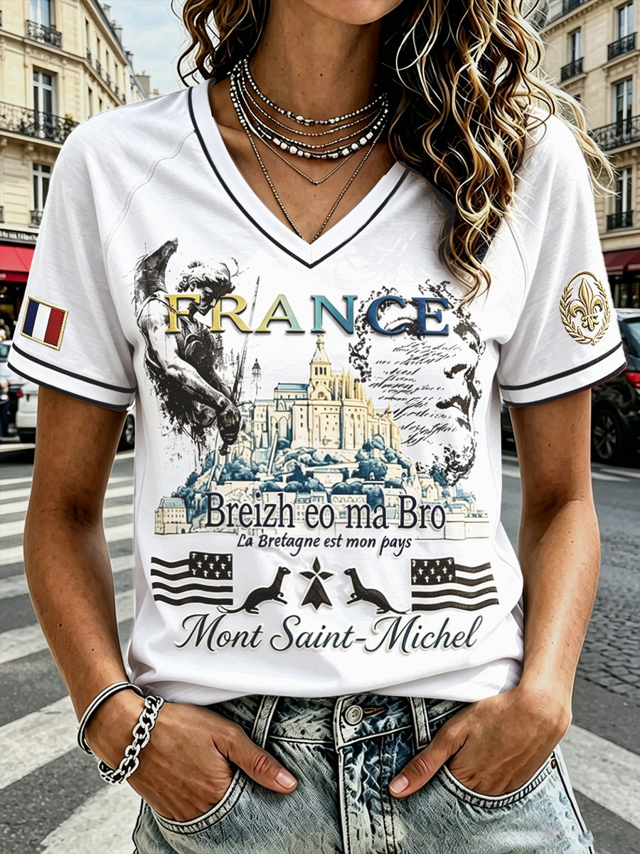T-shirt Décontracté à Col en V French Mont Saint-Michel Imprimé Femme