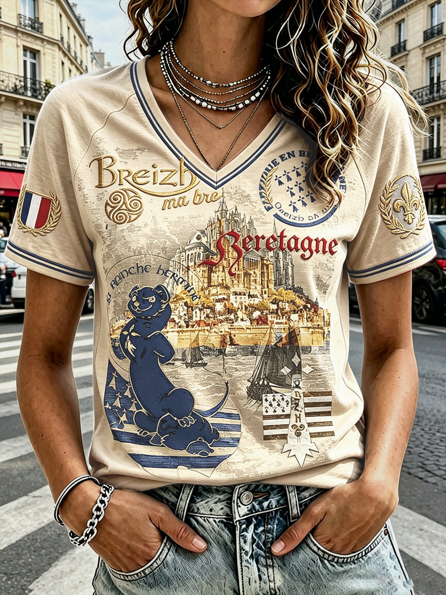 T-shirt à col en V à imprimé Breton vintage pour femmes