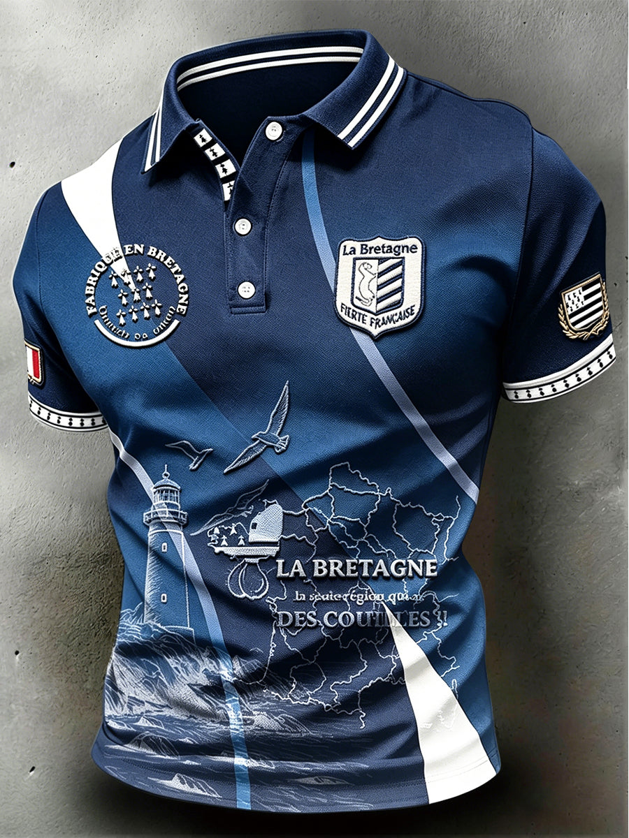 Polo Homme Décontracté Bleu Foncé Imprimé Breton À Manches Courtes