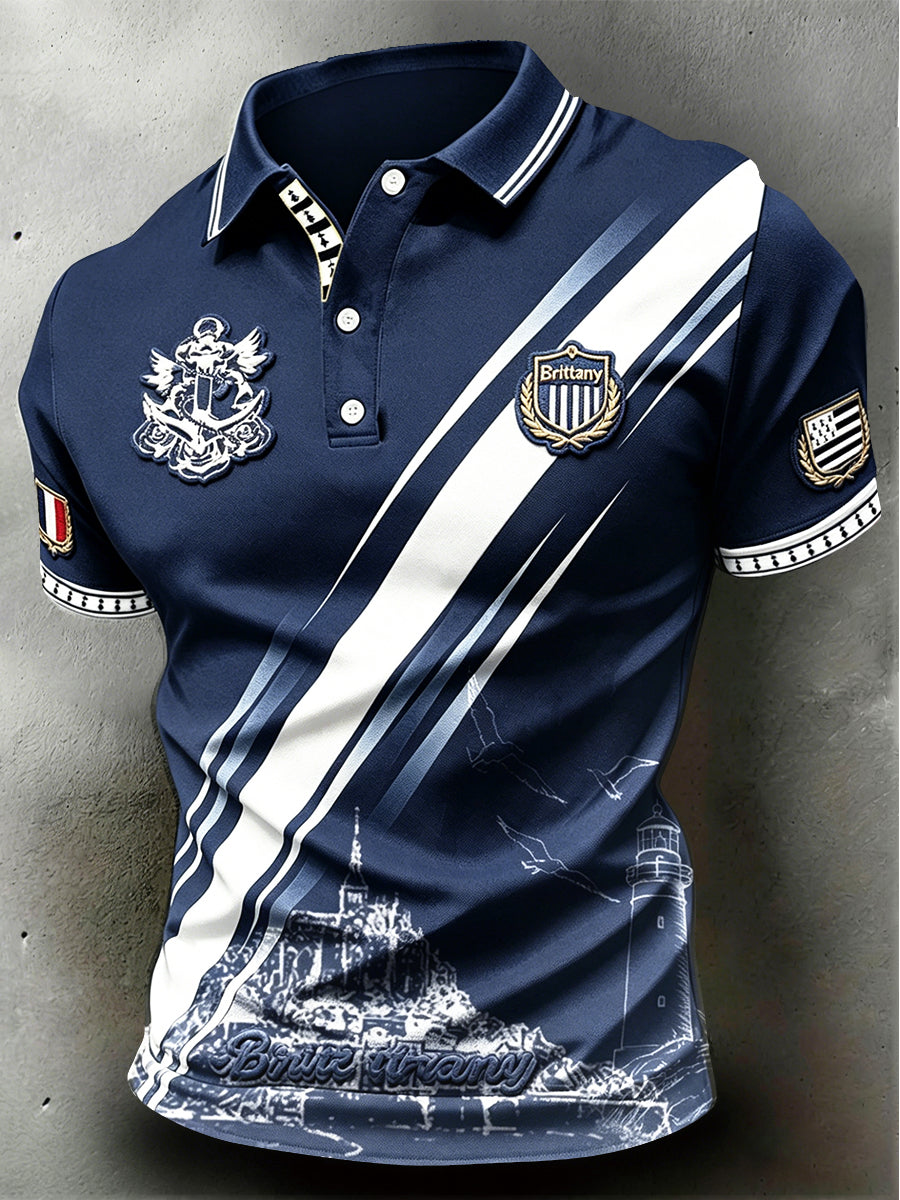 Polo Décontracté Homme Bleu Foncé à Imprimé Breton Français