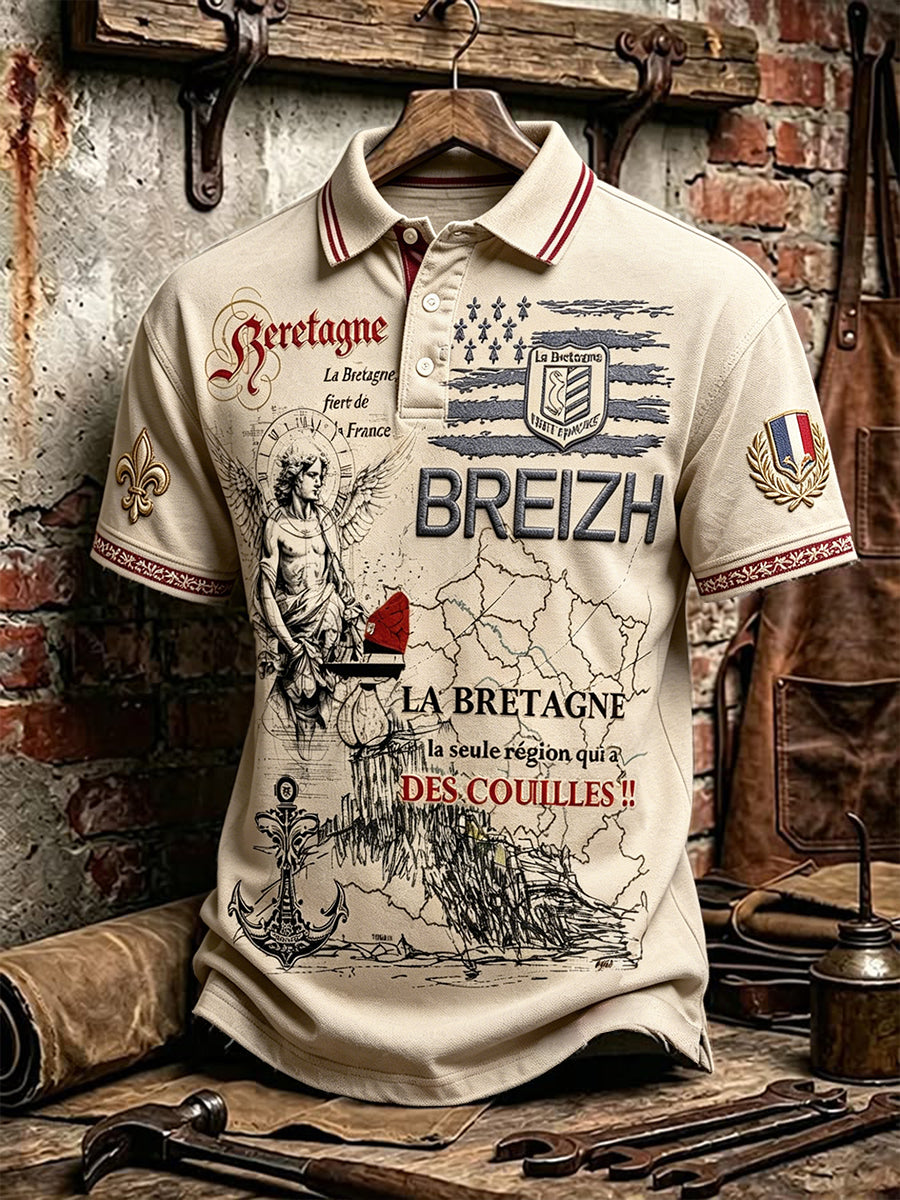 Polo décontracté à manches courtes à imprimé breton français beige rétro pour homme
