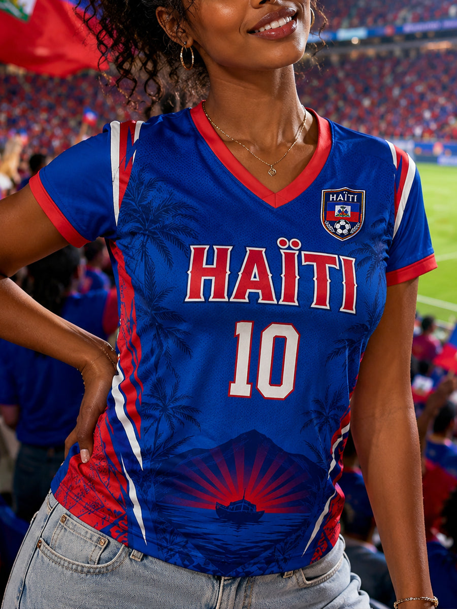 T-shirt à manches courtes et col en V, imprimé sur le thème du football féminin