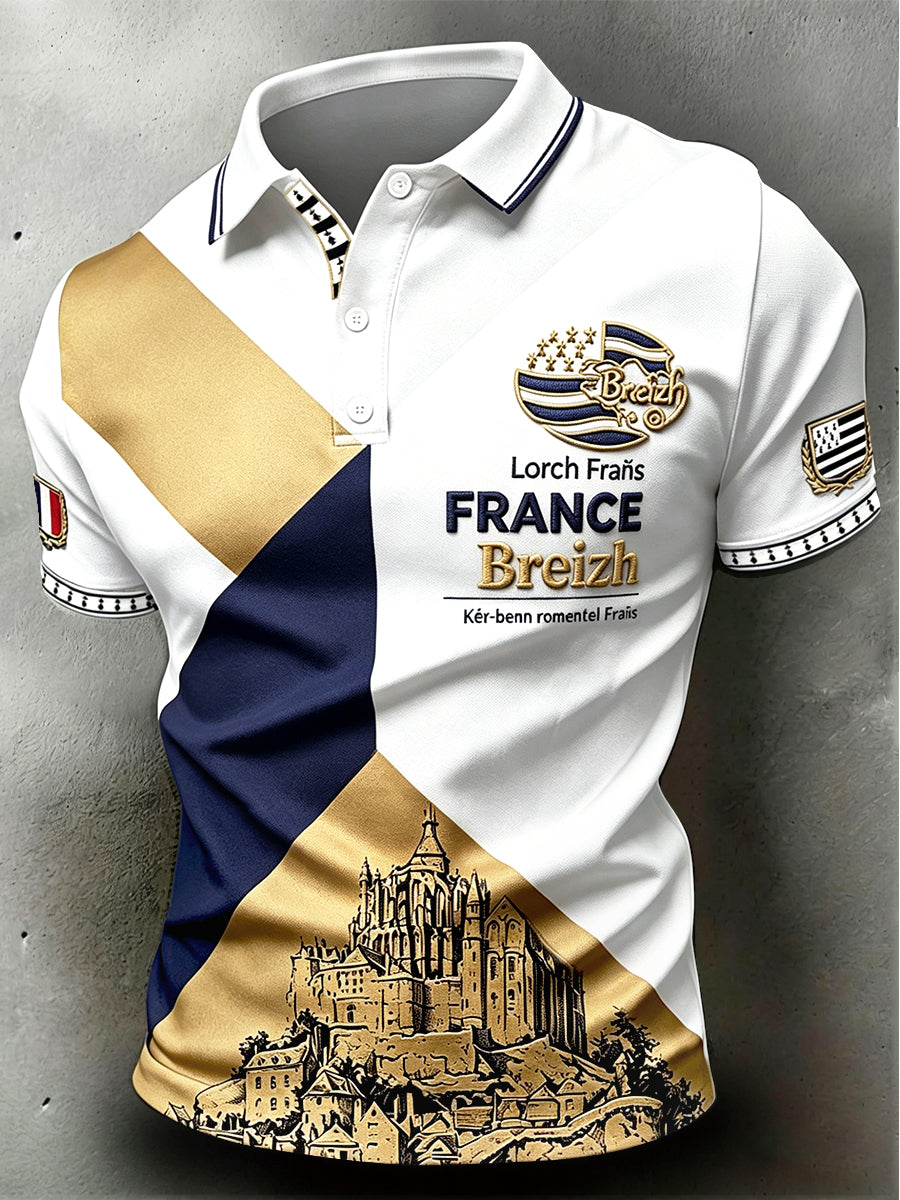 Polo Décontracté Homme French Mont Saint-Michel Patchwork Imprimé