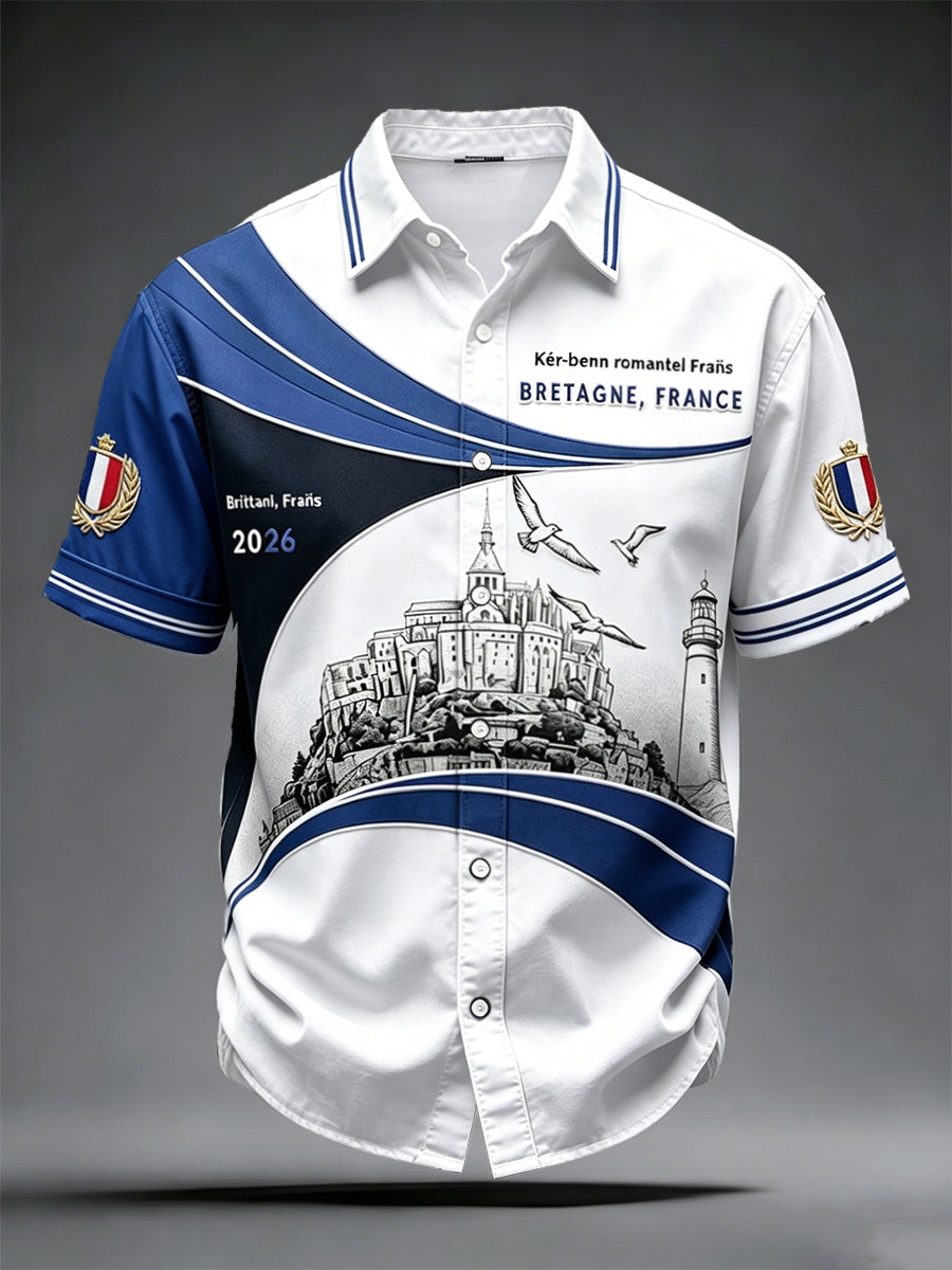 Chemise Homme À Manches Courtes Décontractée French Blanc Imprimé Mont Saint-Michel