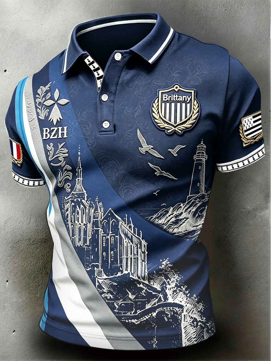Polo Homme Bleu Foncé Imprimé Breton