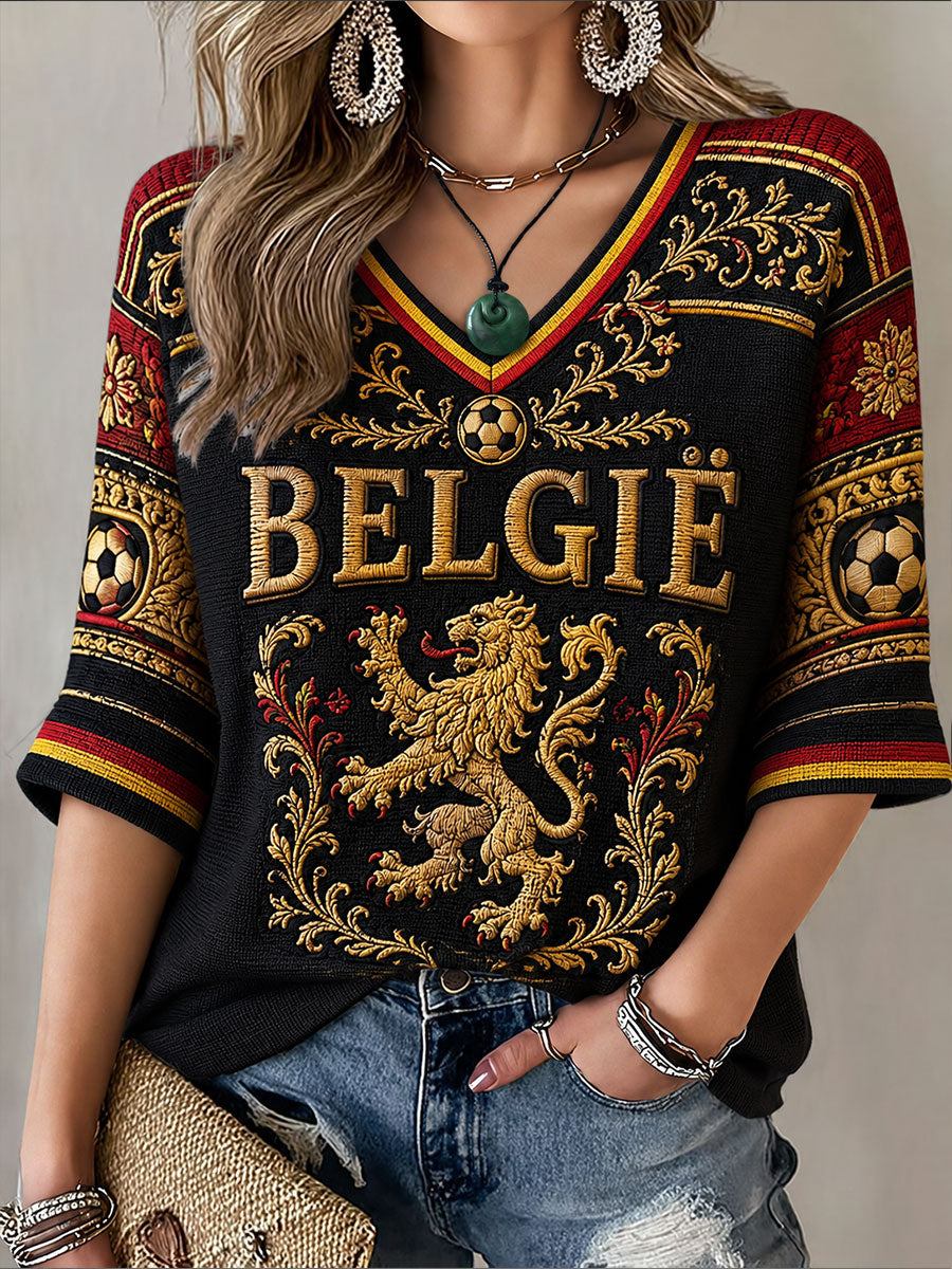 T-shirt de football belge pour femme, manches mi-longues, col en V