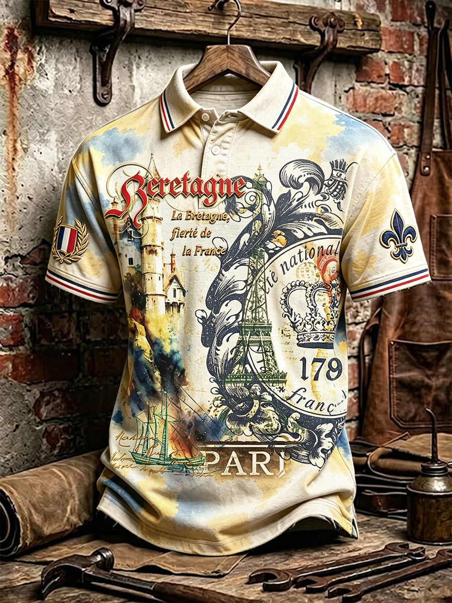 Polo décontracté à imprimé graffiti français beige vintage pour homme