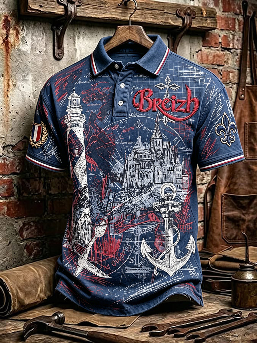 Polo Homme Bleu Foncé Style Breton Imprimé Graffiti Décontracté