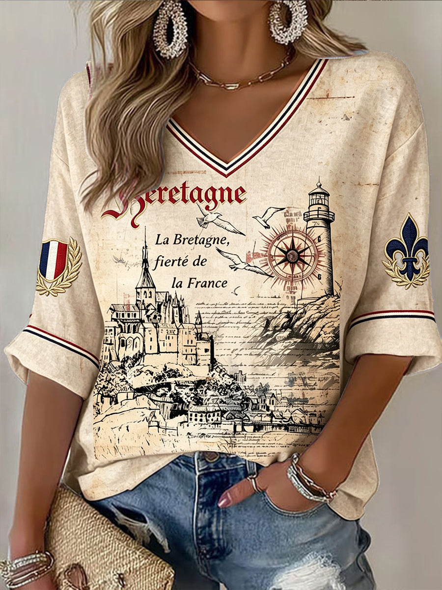 T-shirt décontracté à col en V pour femmes French Brittany Saint-Michel Mountain Print