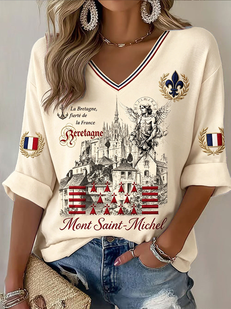 Vintage Français Saint-Michel-du-Mont T-shirt décontracté col V pour femmes