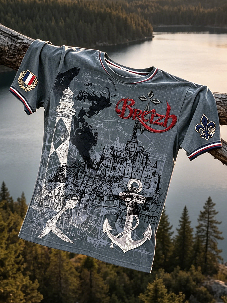 T-shirt Homme Retro Gris Foncé Breton Saint-Malo Imprimé Décontracté