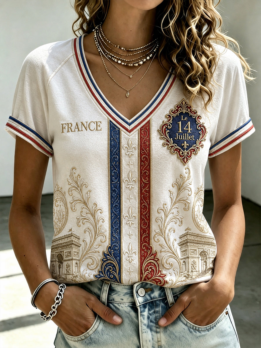 T-shirt femme français pour la Fête nationale, col en V, épaules dénudées, manches courtes