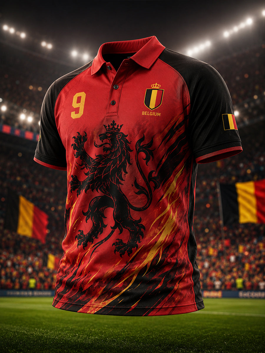 Polo raglan à manches courtes pour homme, orné d’un imprimé aux motifs de flammes et de football