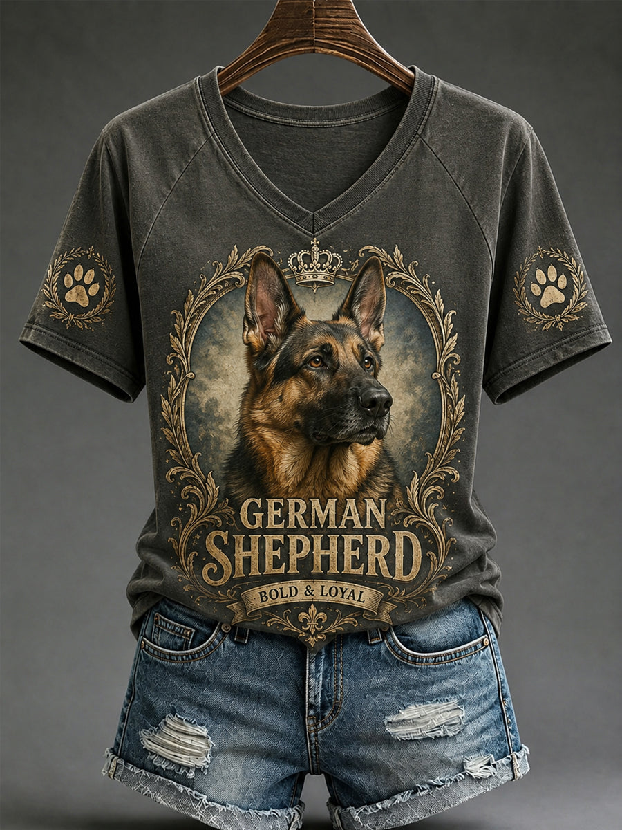 T-shirt décontracté à col en V pour femme, imprimé chien rétro