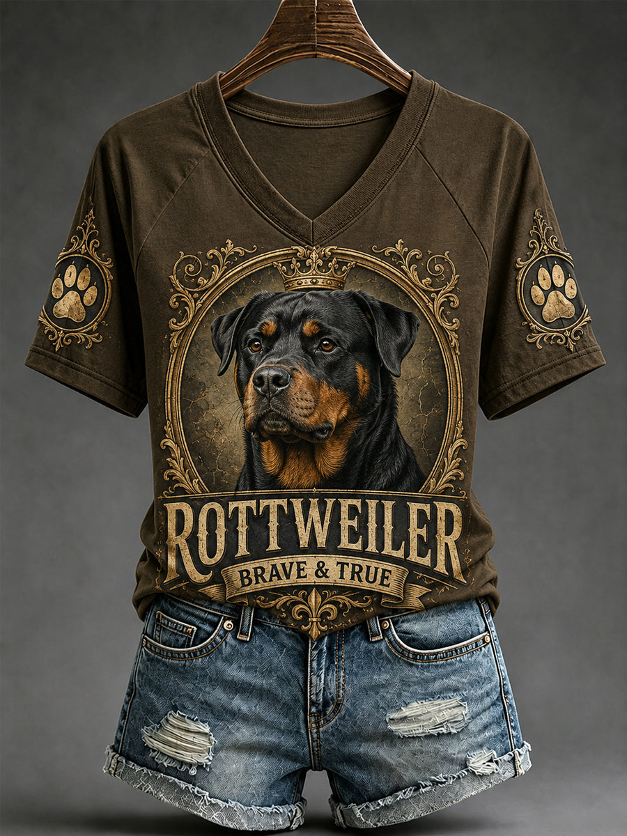 T-shirt décontracté à col en V pour femme, imprimé chien rétro