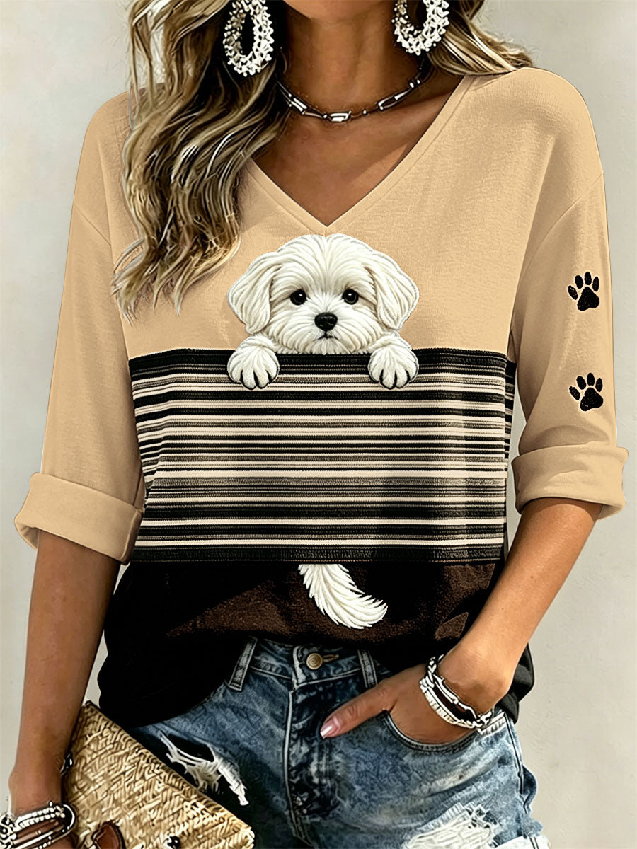 Peeking Maltese Dog & Paw Prints Colorblock Imprimer T-shirt manches mi-longues col en V