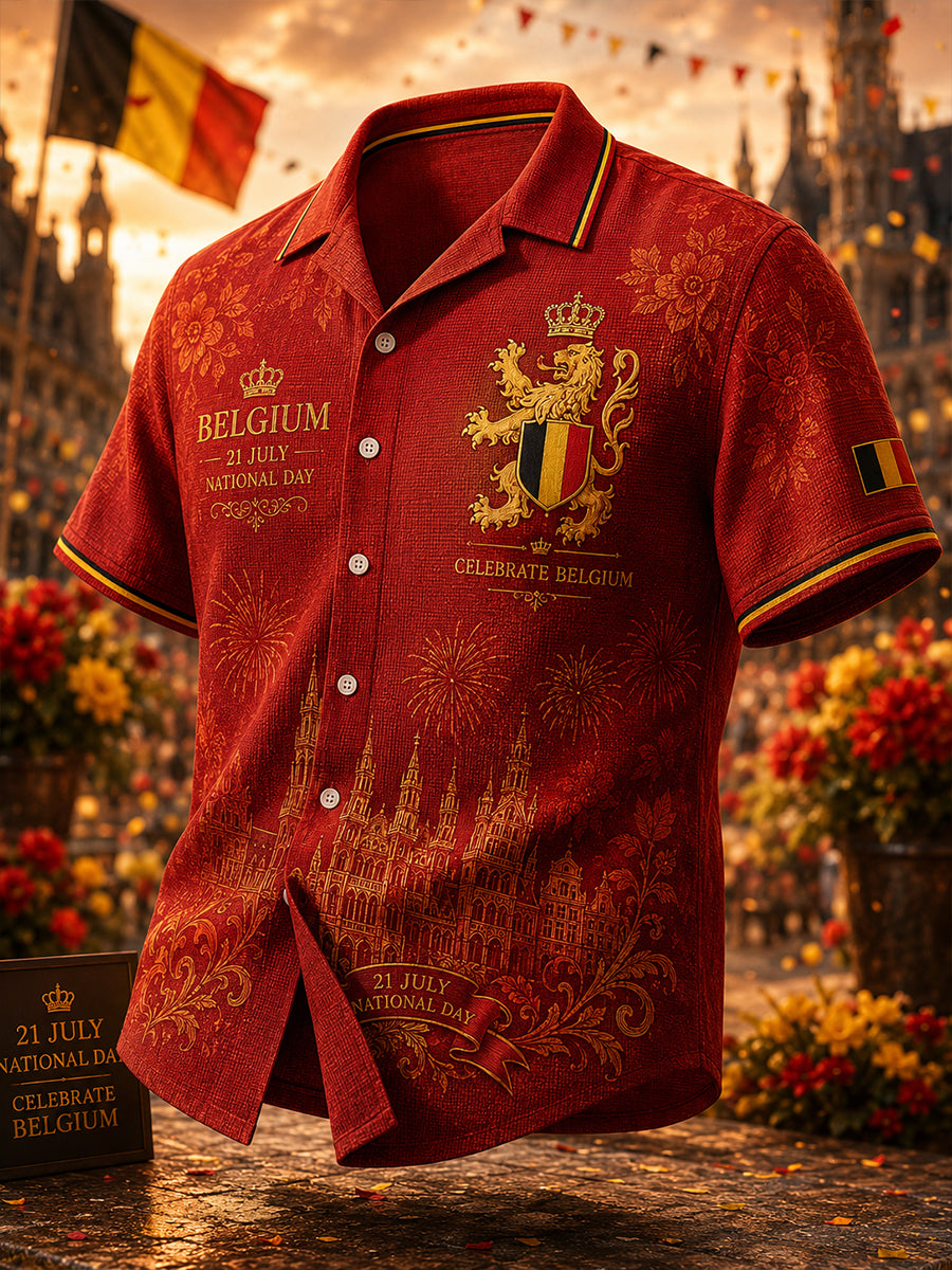 Chemise Homme À Manches Courtes Motif Gaufré À Imprimé Lion De La Fête Nationale