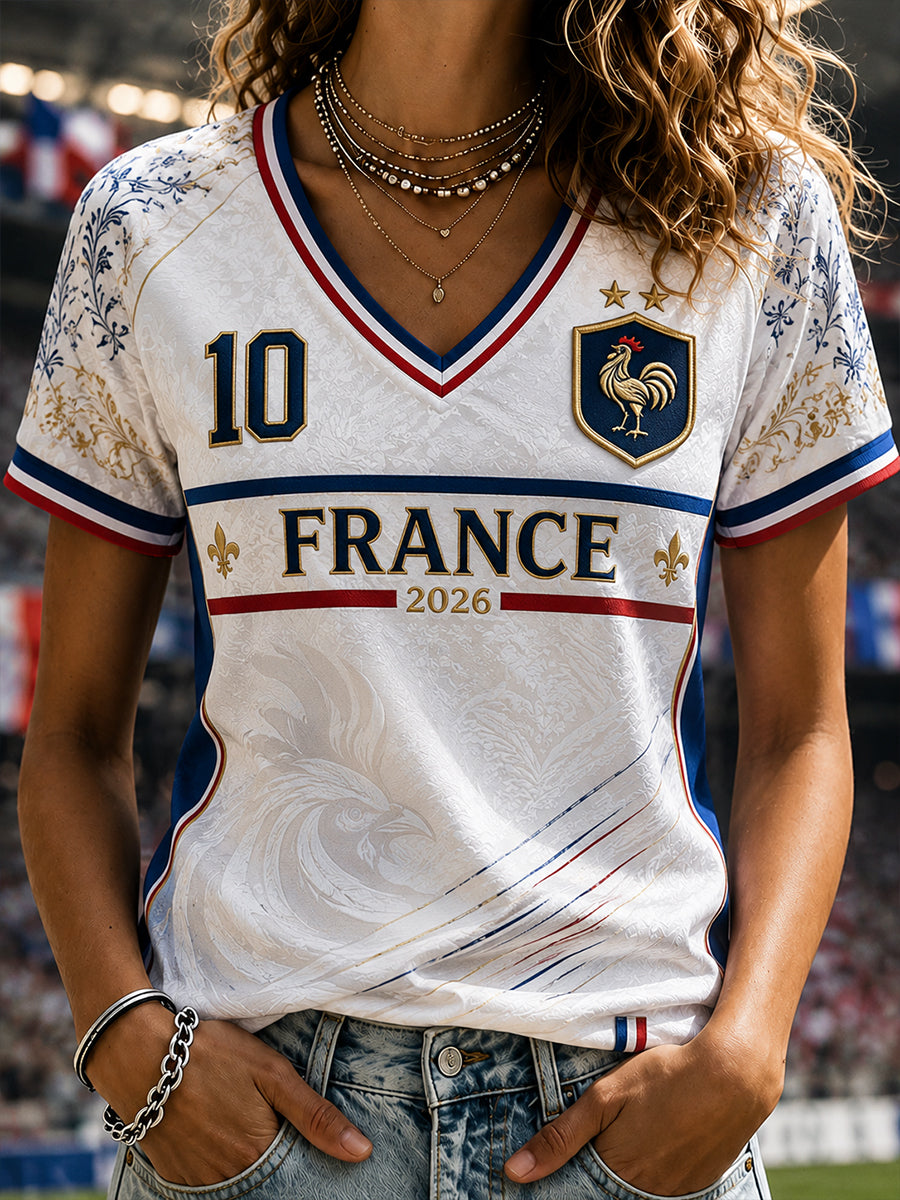 T-shirt femme France Football à col en V et épaules dénudées, manches courtes