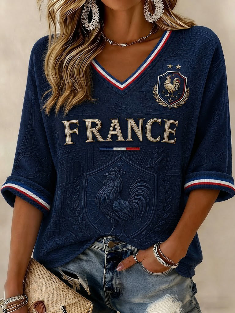 T-shirt femme France Football à manches mi-longues et col en V imprimé
