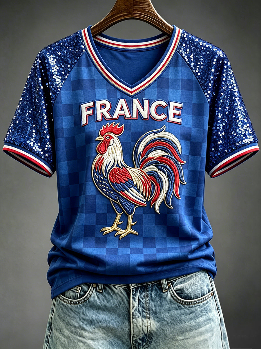 T-shirt vintage pour femme à motif coq français, imprimé pied-de-poule, col en V, manches courtes