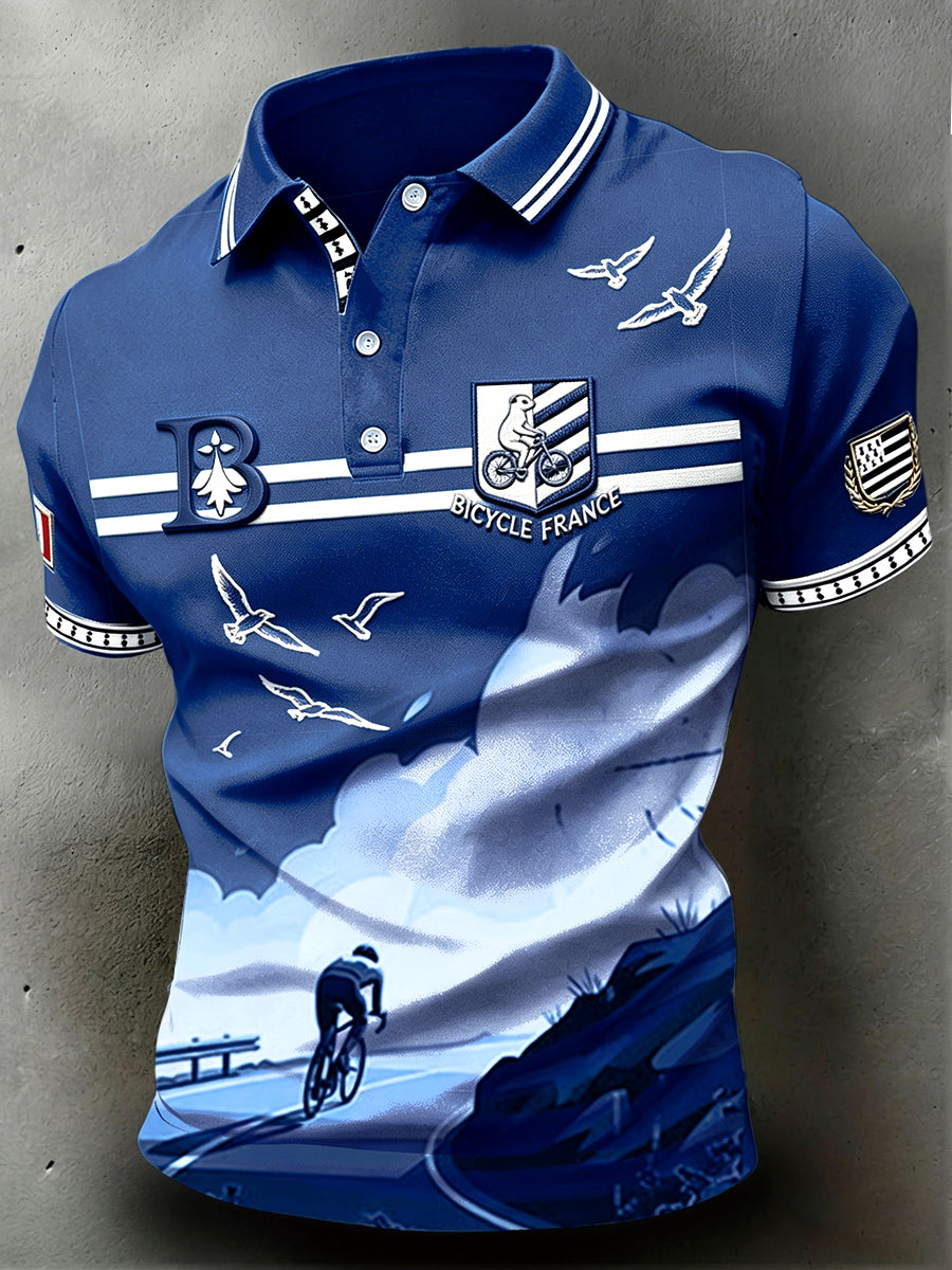 Polo de sport décontracté à rayures bretonnes bleues pour homme