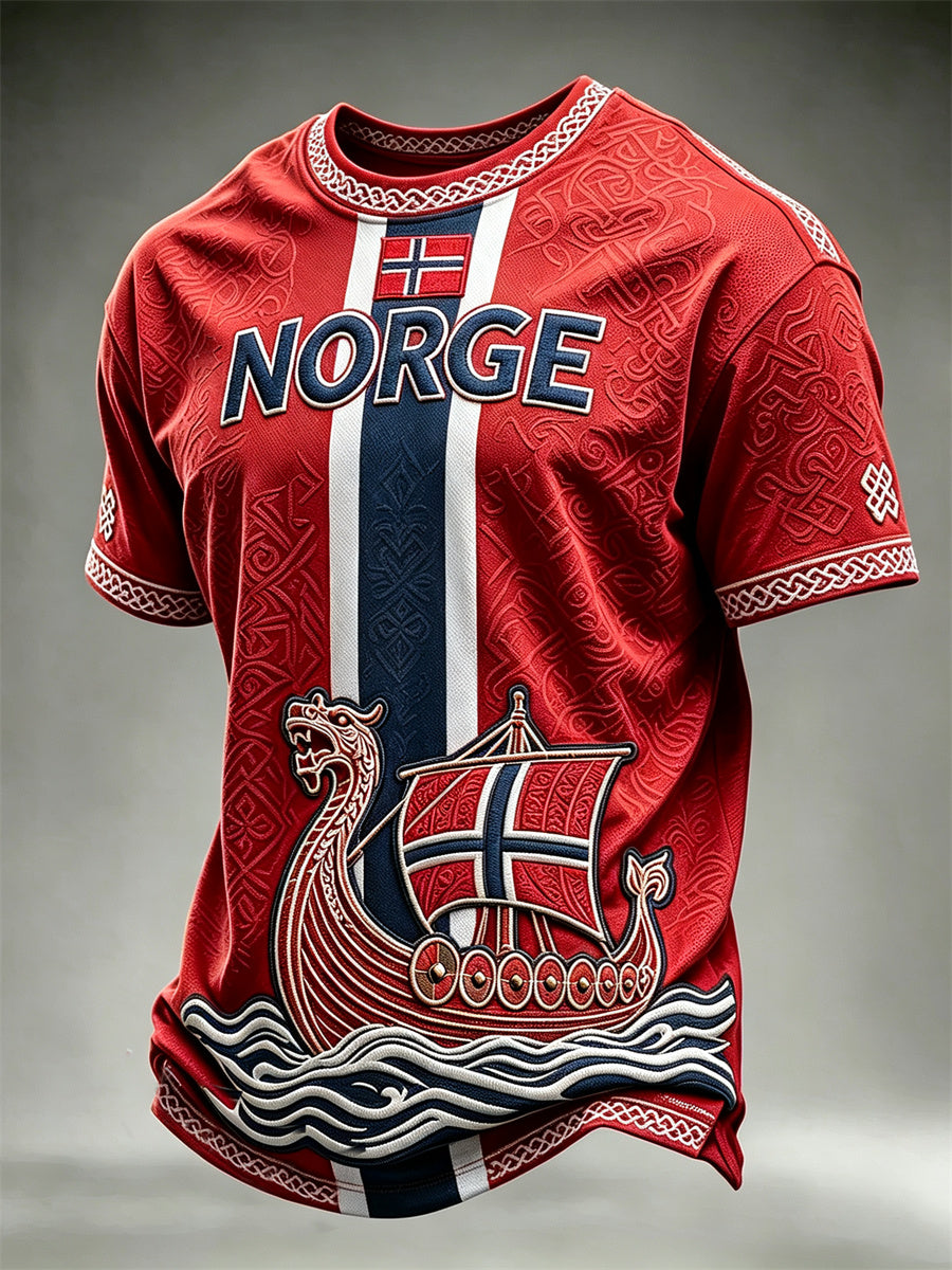 T-shirt manches courtes pour homme, motif drapeau norvégien avec navire viking et nœud celtique