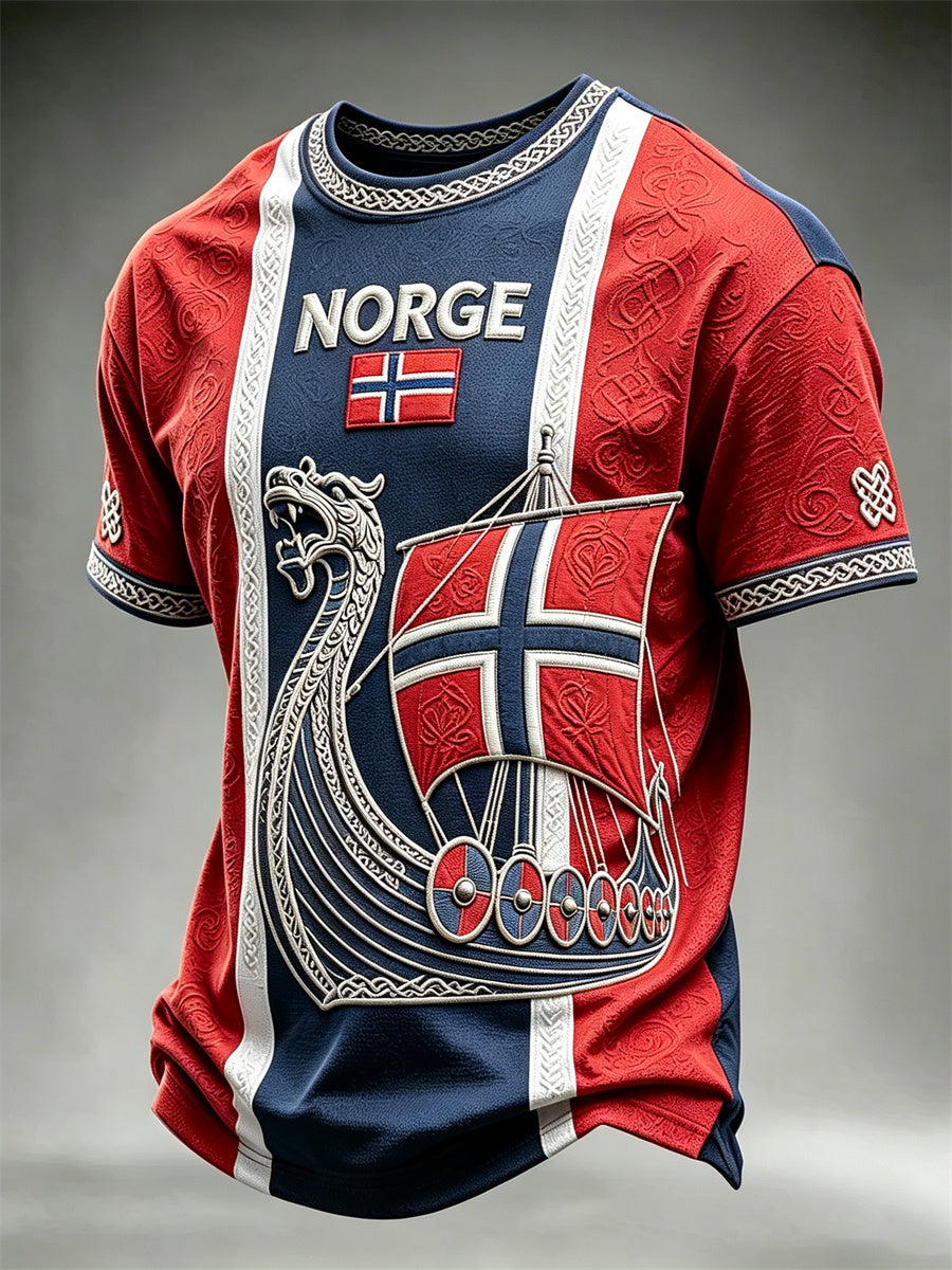 T-shirt à manches courtes pour hommes Norvège Viking Ship Celtic Knot Flag Print