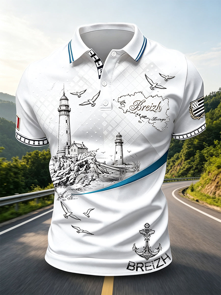 Polo Homme Blanc Style Breton Imprimé Phare Décontracté