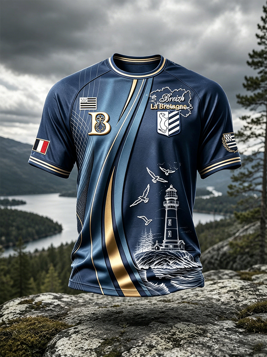 T-shirt décontracté à imprimé de phare de Bretagne française bleu profond pour hommes