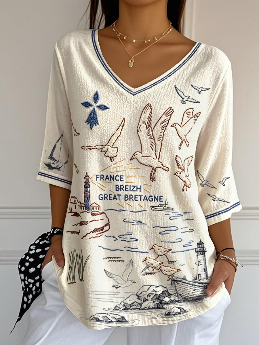 Femmes Vintage Français Bretagne Graffiti Imprimer Casual V-cou Léger Coton-Lin T-shirt