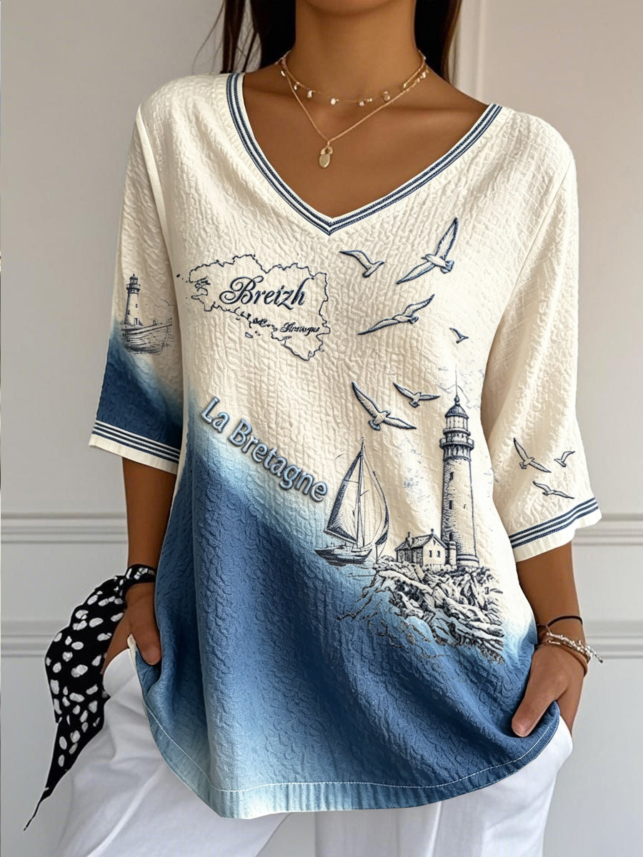 T-shirt Femme Décontracté Dégradé Style Français-Bretagne Col V Léger En Coton-Lin