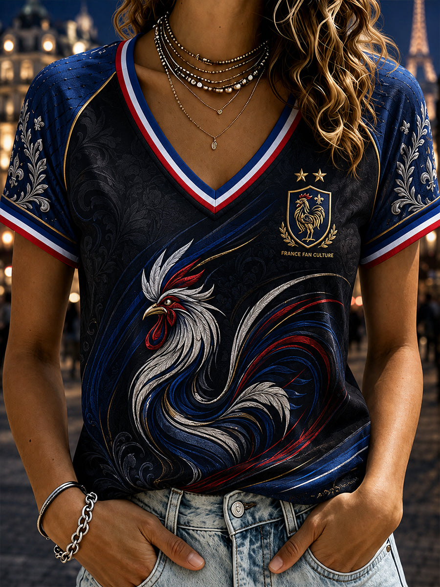 T-shirt femme à col en V et épaules dénudées, manches courtes, commémoratif patriotique français
