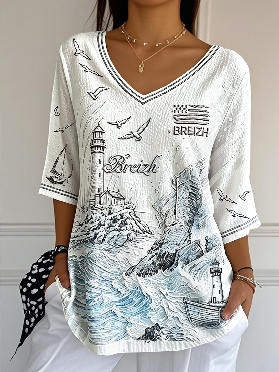 T-shirt femme blanc en coton-lin, col en V, motif phare breton, pour un été frais et élégant