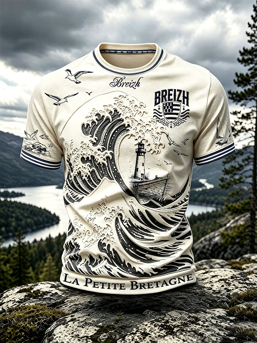 T-shirt décontracté vintage beige à imprimé bretagne française pour homme