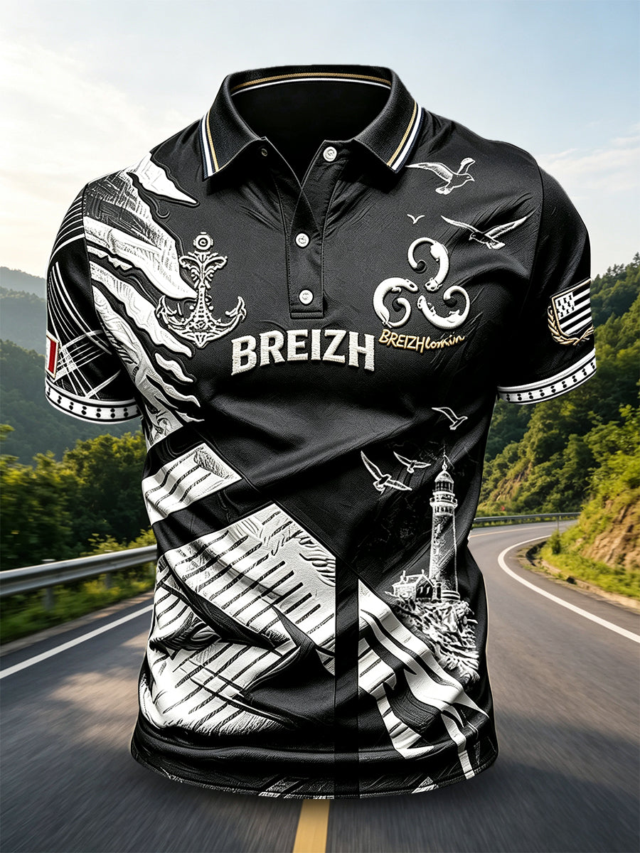 Polo Homme Casual Décontracté Noir Imprimé Bretagne Française