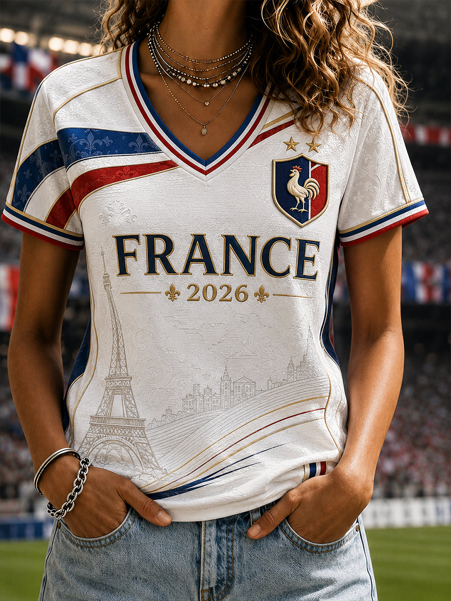 T-shirt femme à col en V et épaules dénudées, manches courtes, commémoratif patriotique français