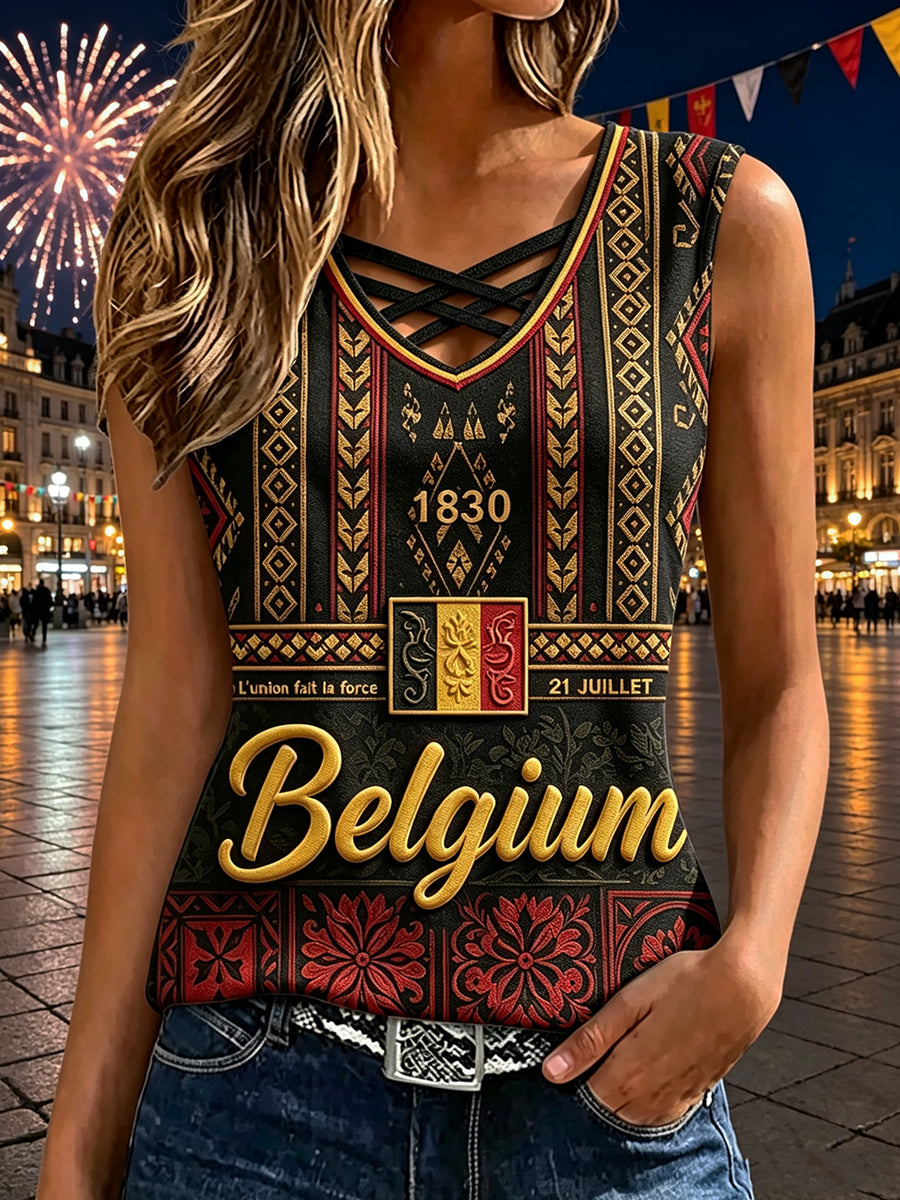 Débardeur sans manches rétro à imprimé pour la Journée nationale de la Belgique, modèle femme